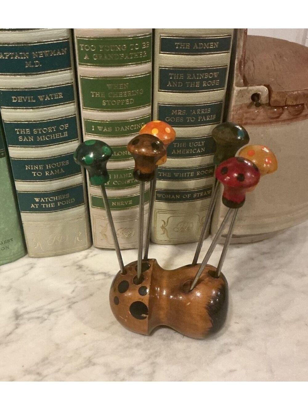 Vintage Mushroom Cocktail Picks Set Wooden Barware